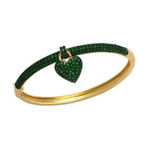 Womens Green Zircon Heart Bracelet Gold Plated Charm Hinged Bangle 7 Inch